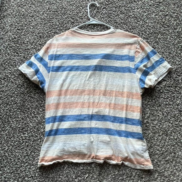 Light Blue Orange And White Striped Cotton Shirt, Mens Large Minimalist Shirt - Picture 2 of 5